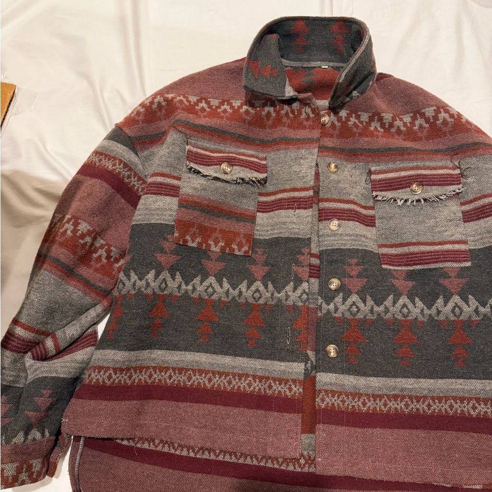 Southwestern Pattern Button-Up Jacket In Maroon, … - image 1